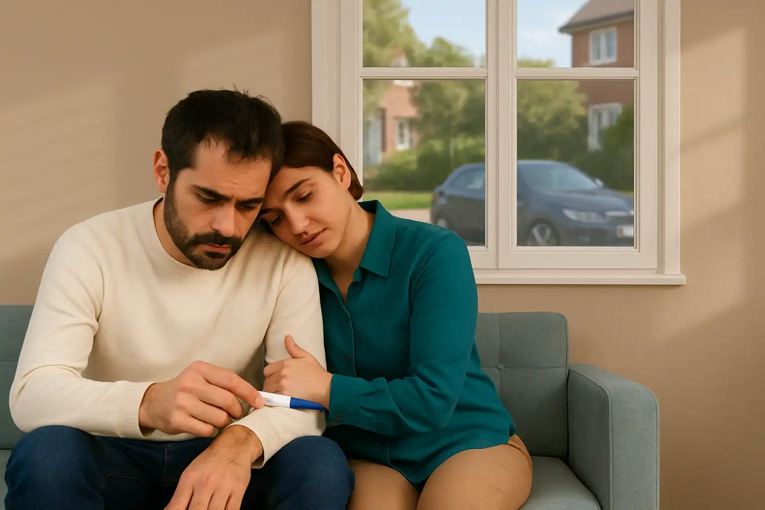 disappointed couple holding a pregnancy test