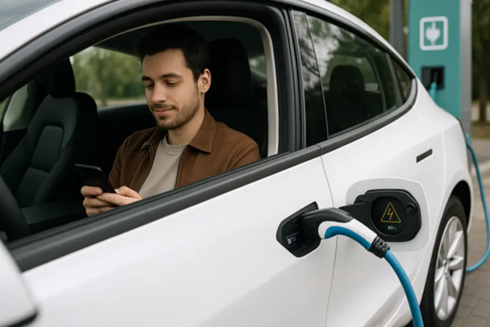 driver sitting inside an electric car while charging