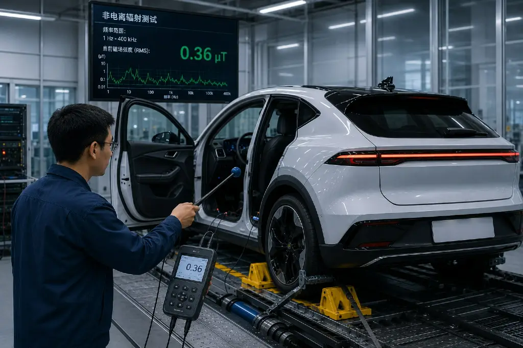 Technician measuring low-frequency magnetic fields inside an electric vehicle during a vehicle EMF test.