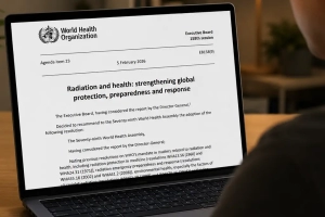 WHO Executive Board decision EB158(9) on radiation and health displayed on a laptop screen
