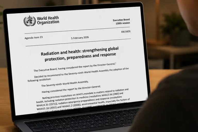 WHO Executive Board decision EB158(9) on radiation and health displayed on a laptop screen