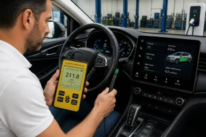 Technician measuring magnetic field levels inside an electric vehicle with a handheld EMF meter