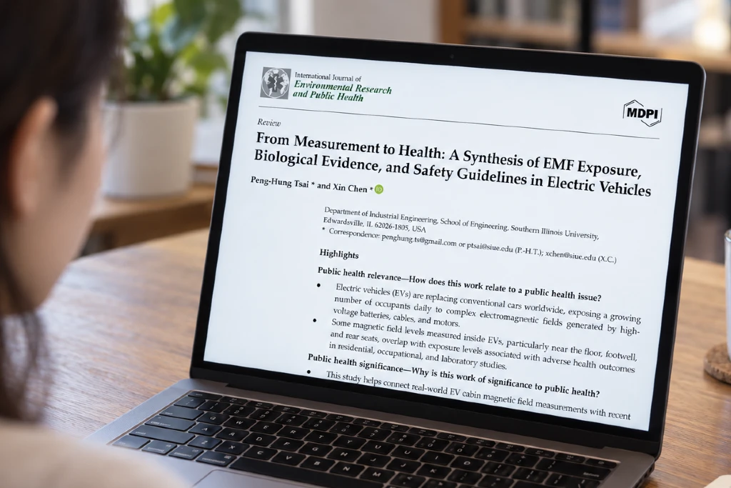 Woman reading a scientific review on EMF exposure and health effects in electric vehicles on a laptop